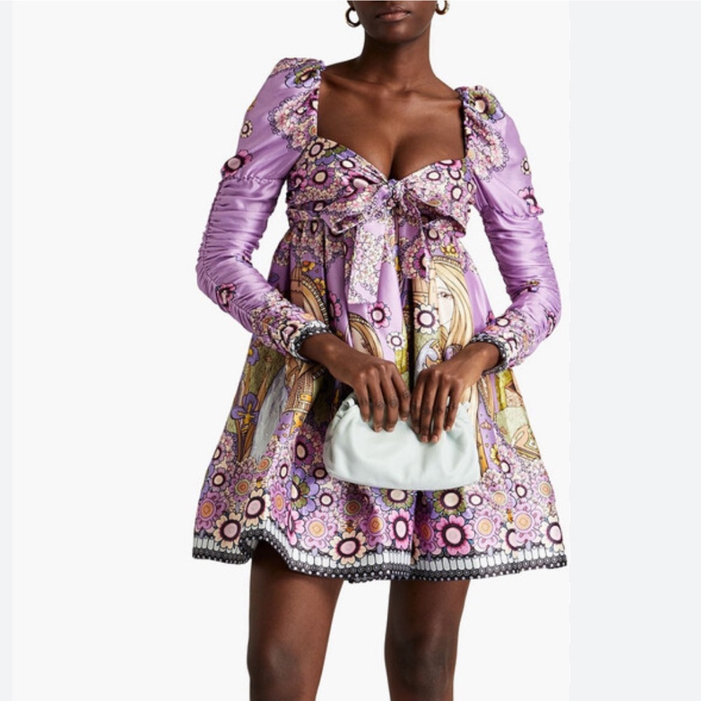 NEW Zimmerman Cosmic Twist Front purple bow ruched sleeve flare dress
